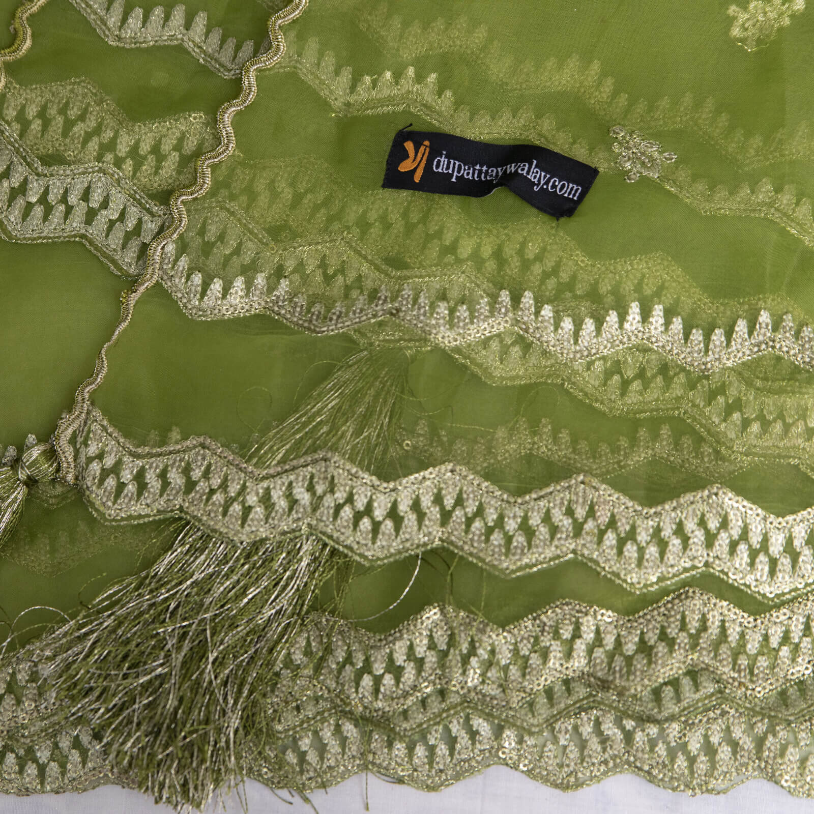 Organza Olive Green Embroidered All Sided Tussle Dupatta