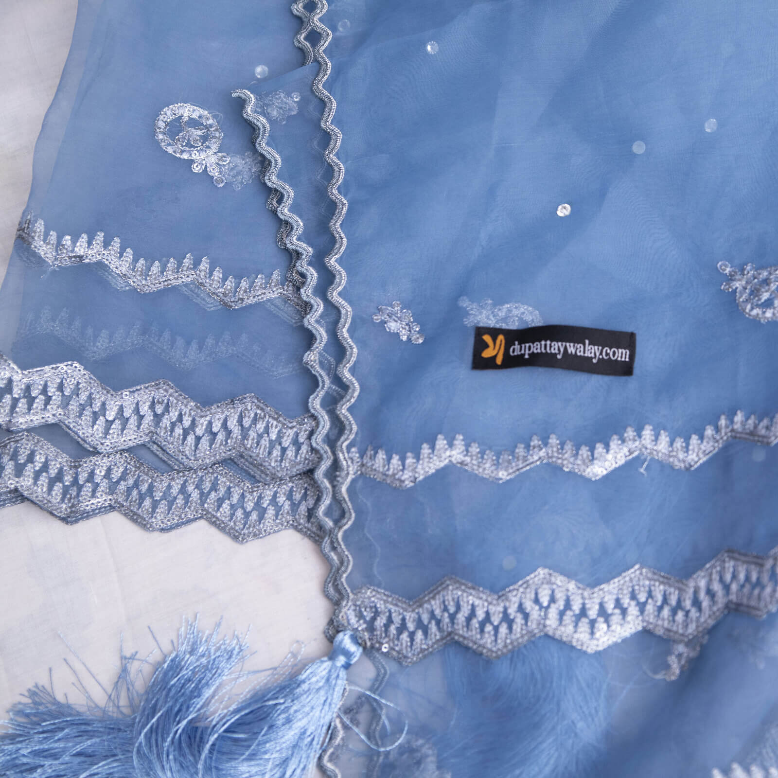 Organza Ocean Blue Embroidered All Sided Tussle Dupatta