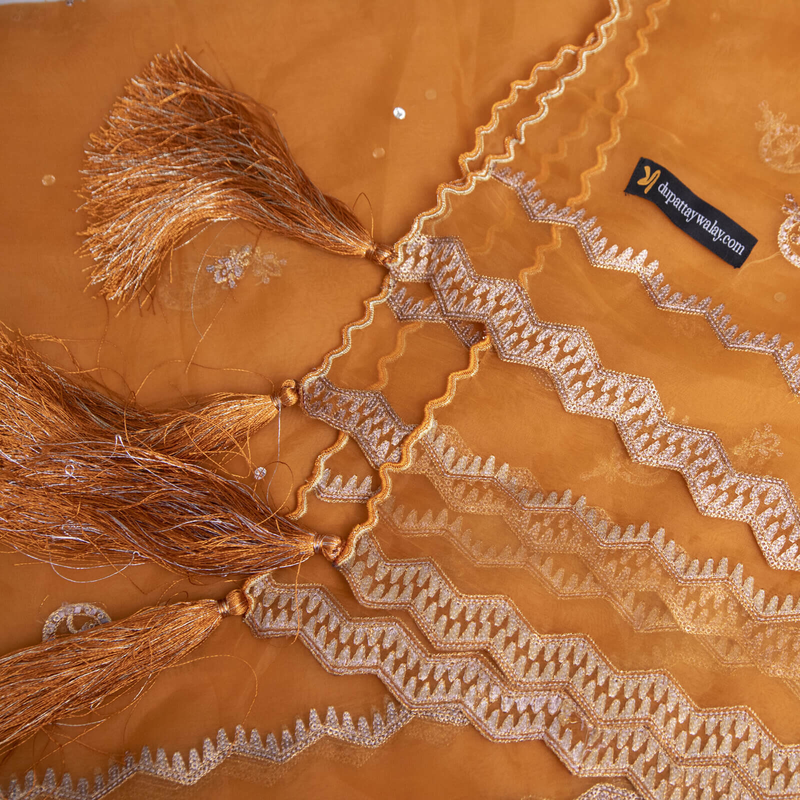 Organza Orange Embroidered All Sided Tussle Dupatta