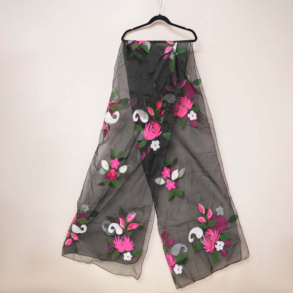 Elegant Floral Black Organza Hand-Painted Dupatta DUPPATTY WALAY