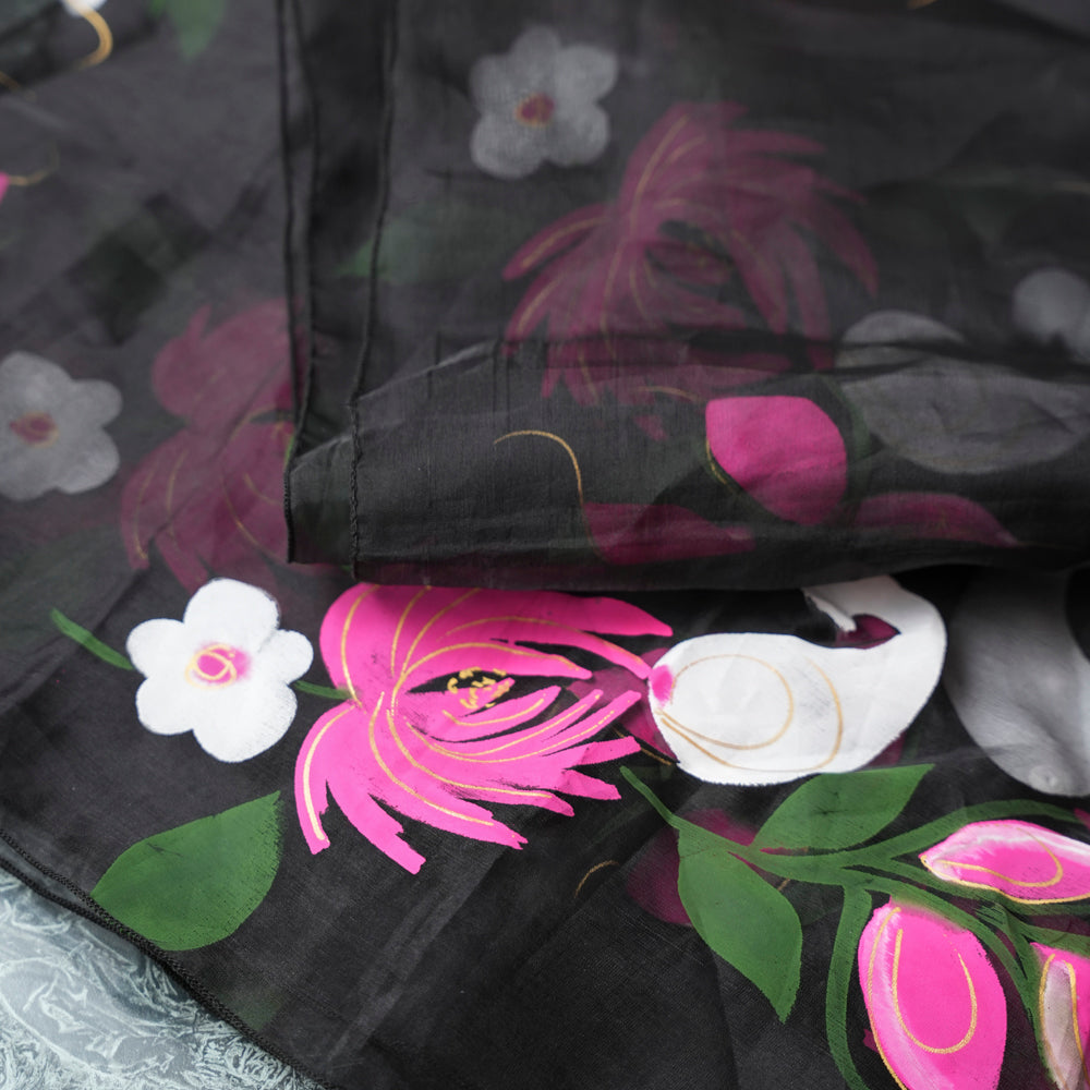 Elegant Floral Black Organza Hand-Painted Dupatta DUPPATTY WALAY
