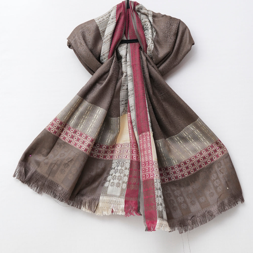 Brown patterned Shawl with fringes on white DUPPATTY WALAY
