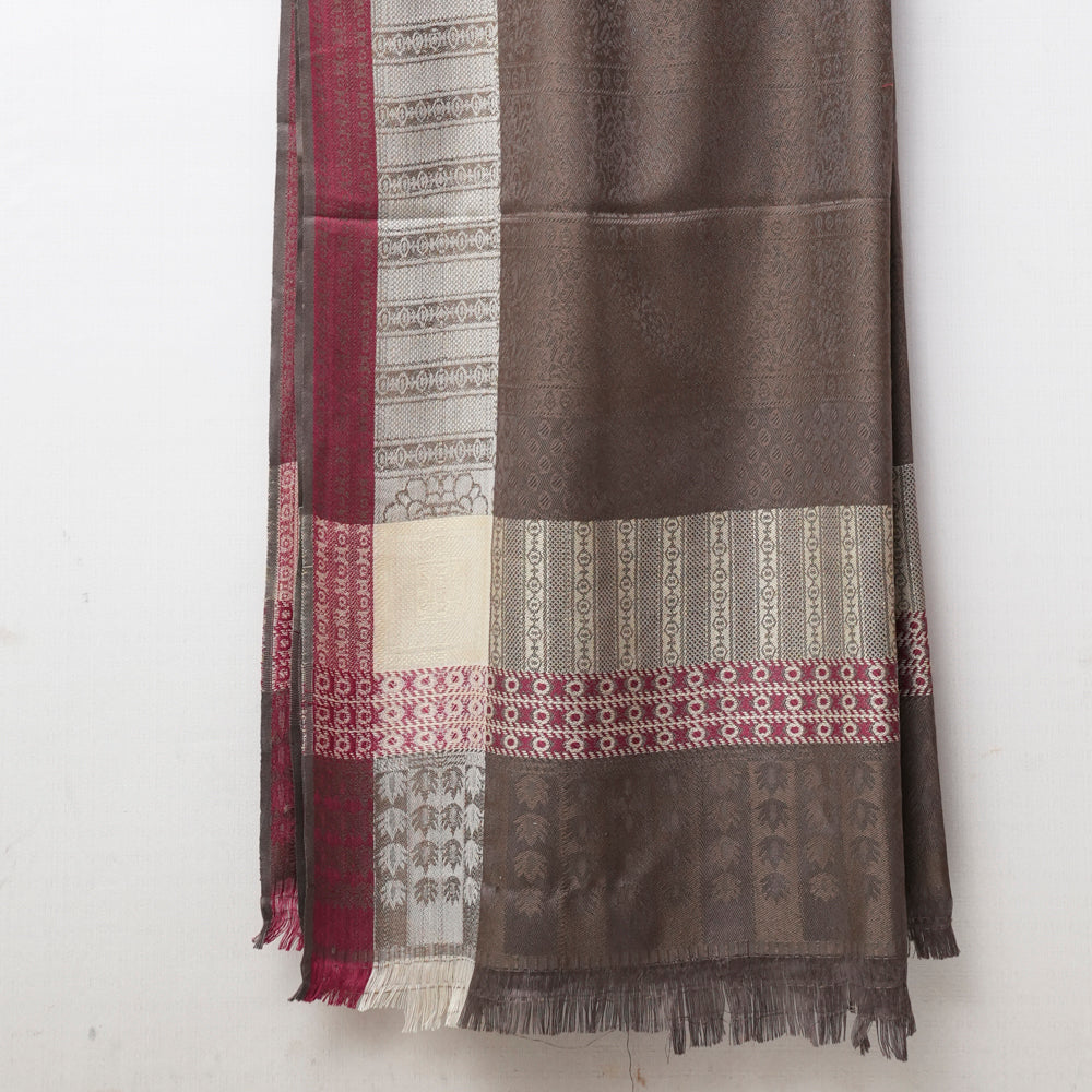 Brown patterned Shawl with fringes on white DUPPATTY WALAY