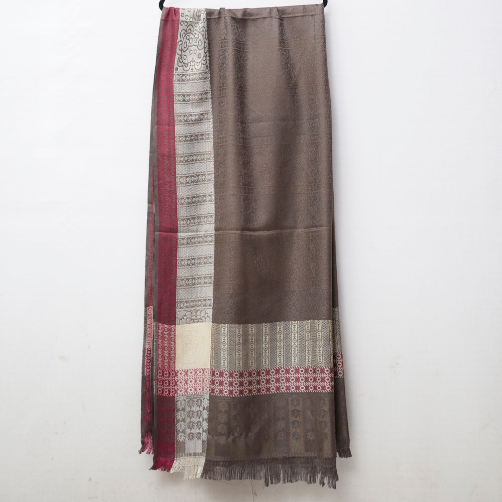 Brown patterned Shawl with fringes on white DUPPATTY WALAY