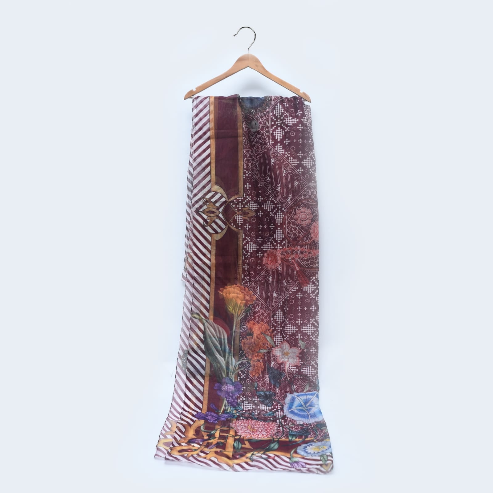 Cotton Net Organza Maroon Floral Printed Dupatta