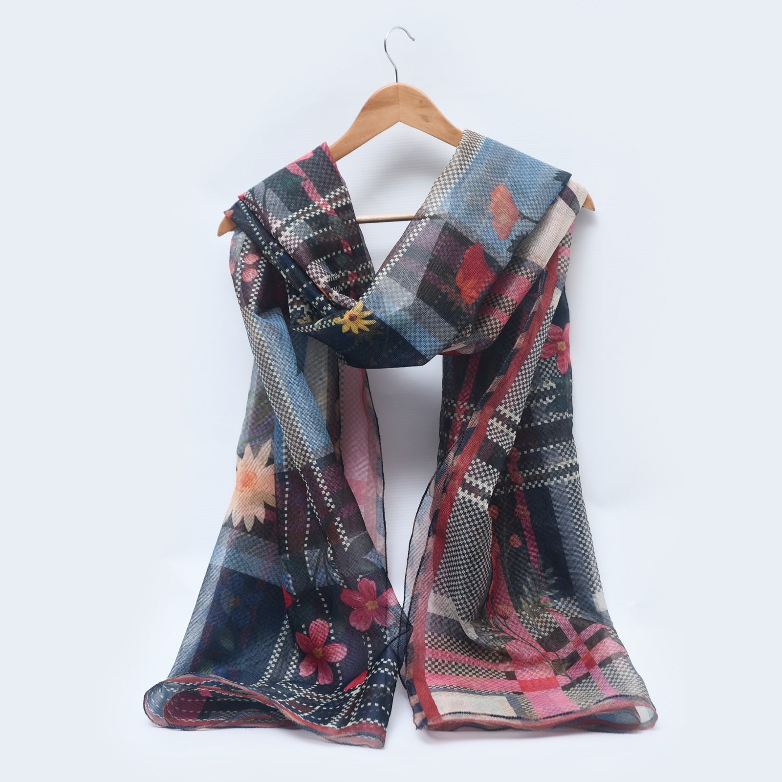 Cotton Net Check Floral Print Dupatta