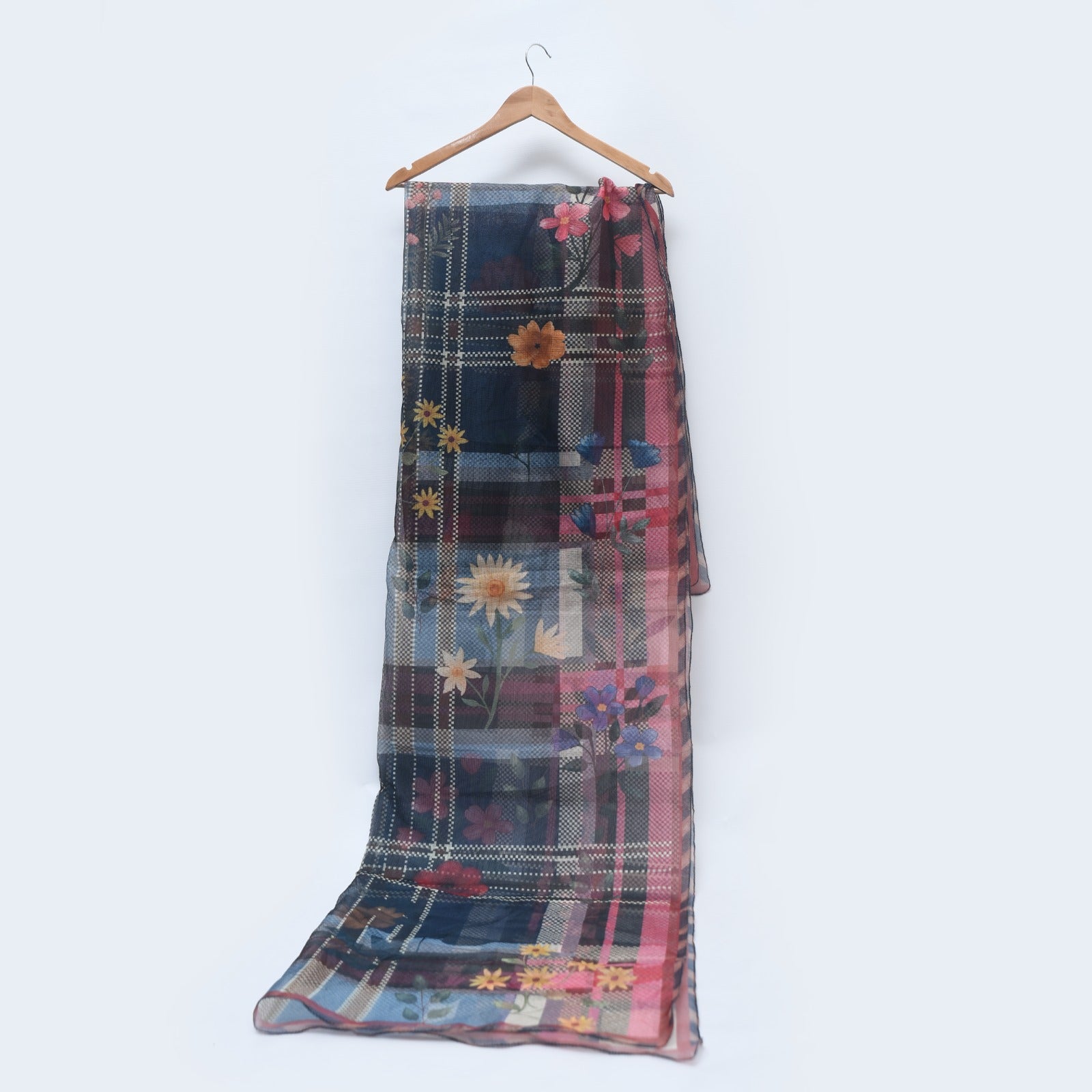 Cotton Net Check Floral Print Dupatta
