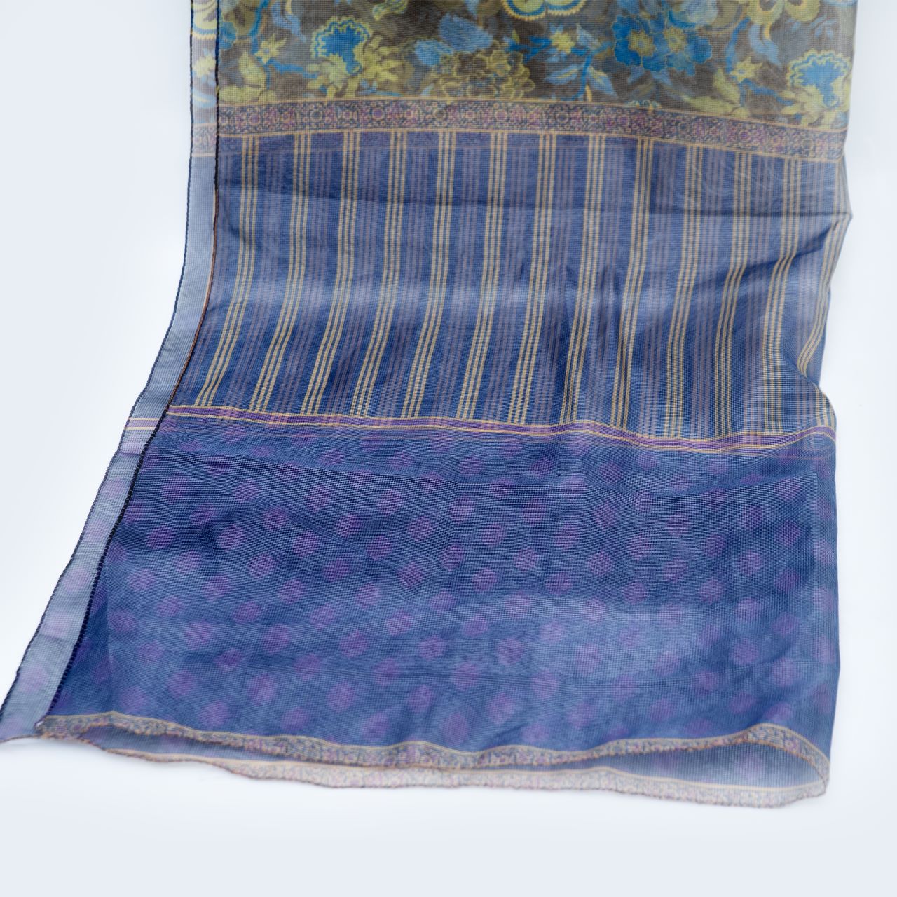 Cotton Net Organza Floral Print with Striped Dupatta