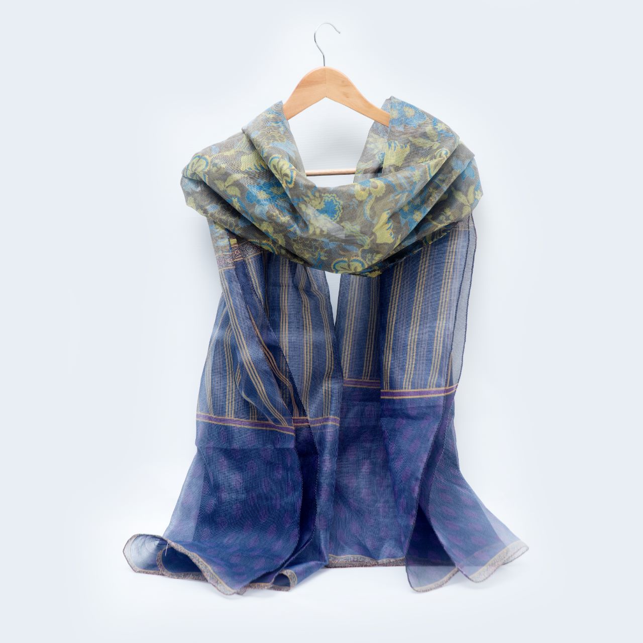 Cotton Net Organza Floral Print with Striped Dupatta