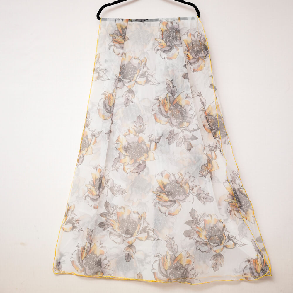 Organza White Ornamental Cauliflower Printed Dupatta