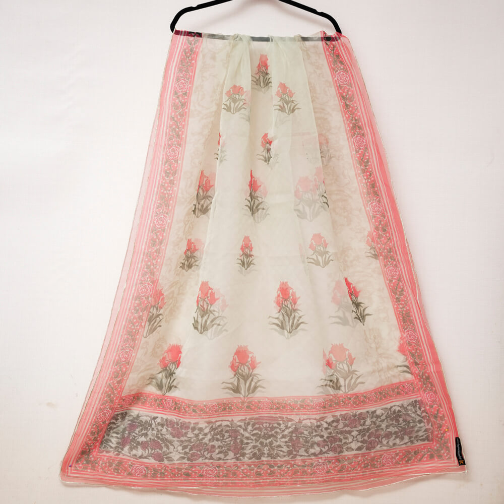 Organza Pistachio Green Rose Floral Printed Dupatta
