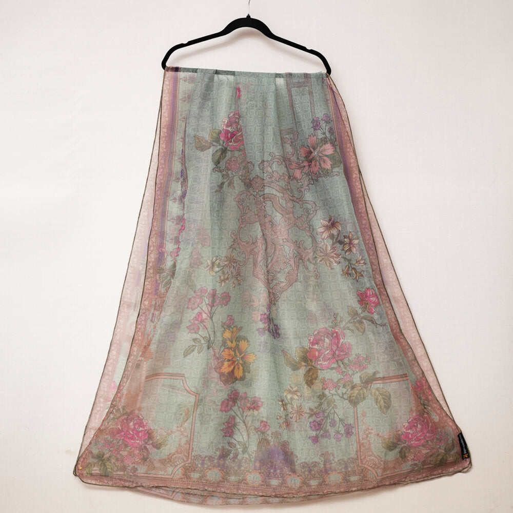 Cotton Net Organza Emerald Green Floral Printed Dupatta