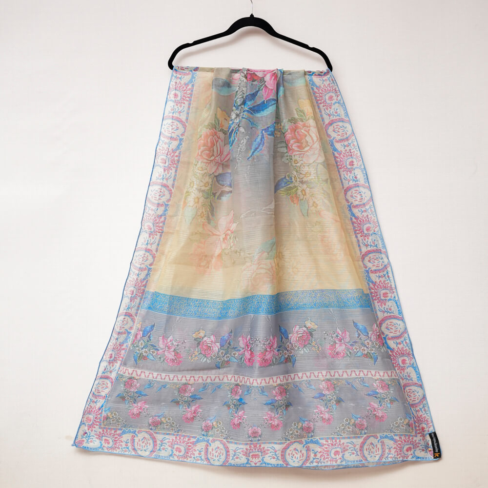 Monark Silver Gray Rose Printed Dupatta