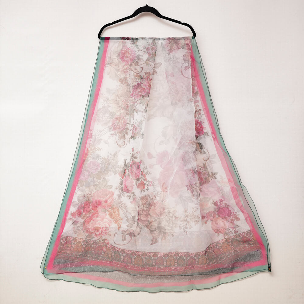 Organza White Multi Rose Printed Dupatta