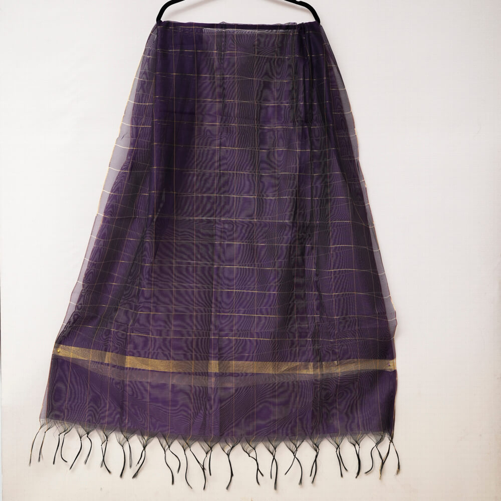 Woven Khaddi Eggplant Purple Golden Checkered Dupatta