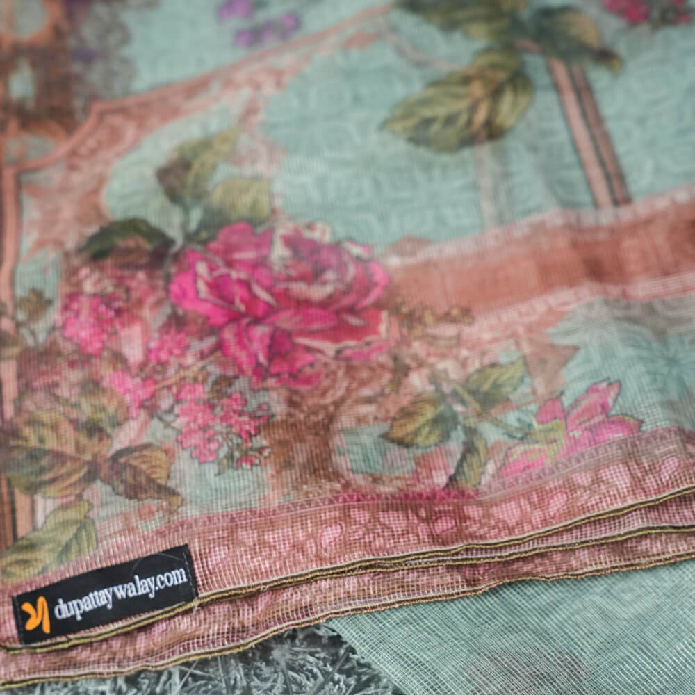 Cotton Net Organza Emerald Green Floral Printed Dupatta