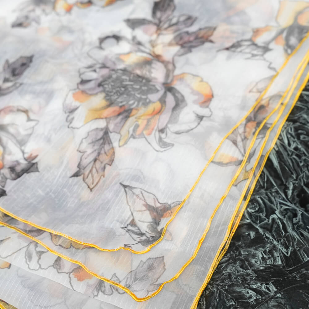 Organza White Ornamental Cauliflower Printed Dupatta