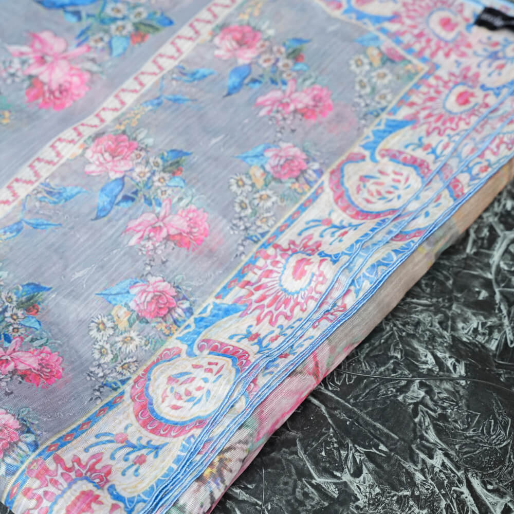 Monark Silver Gray Rose Printed Dupatta