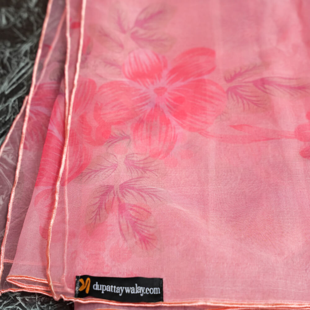Organza Pink Floral Printed Dupatta