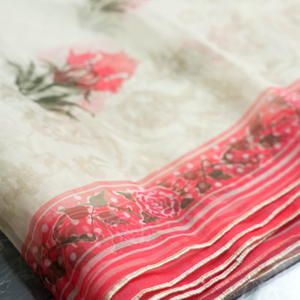 Organza Pistachio Green Rose Floral Printed Dupatta