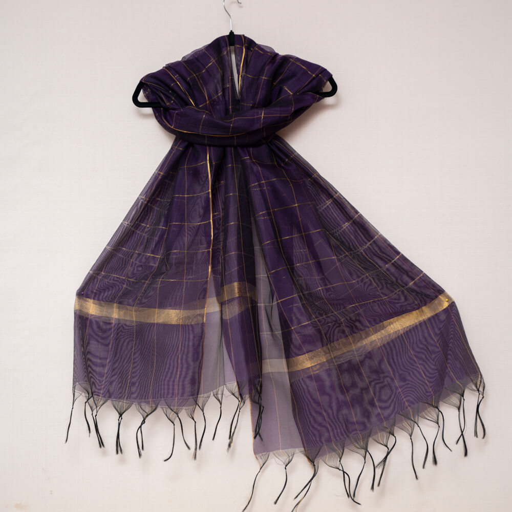 Woven Khaddi Eggplant Purple Golden Checkered Dupatta