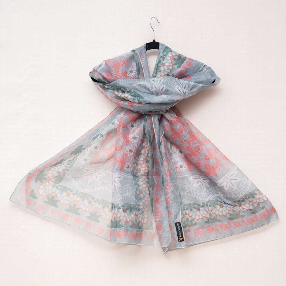 Cotton Net Organza Gray Multi Floral Printed Dupatta