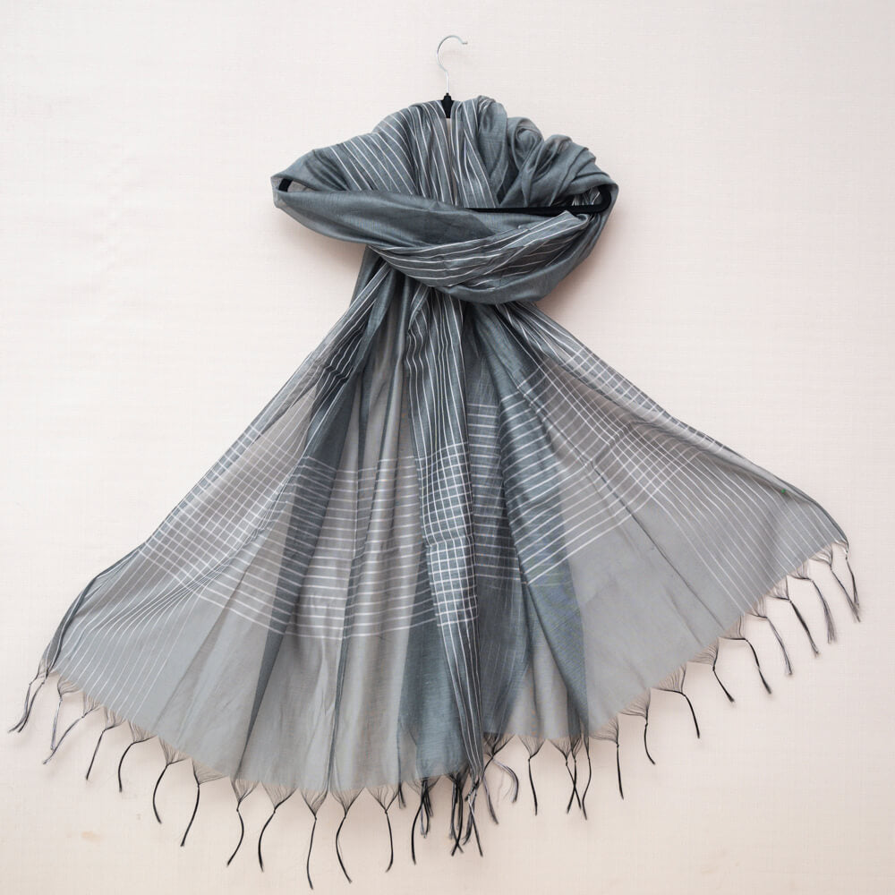 Cotton Silk Charcoal Gray All Sided Striped Border Dupatta