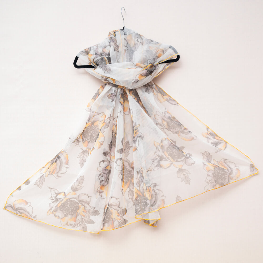 Organza White Ornamental Cauliflower Printed Dupatta