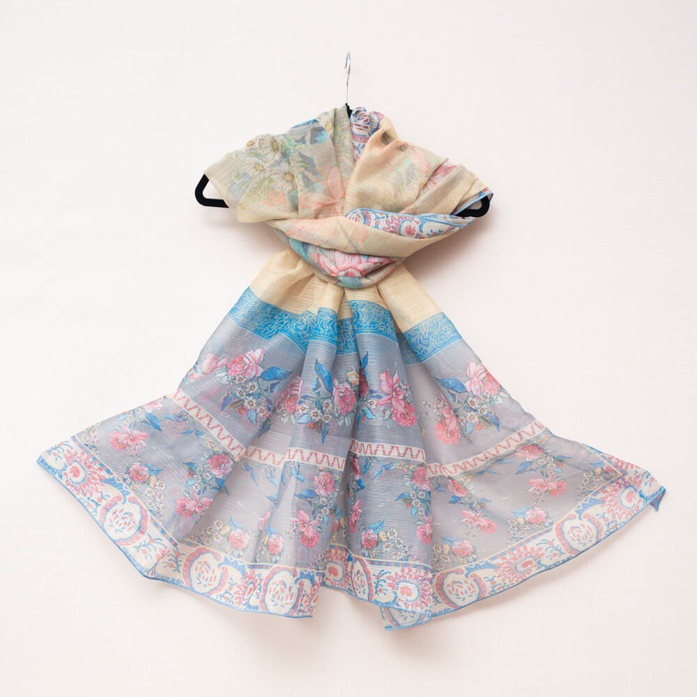 Monark Silver Gray Rose Printed Dupatta