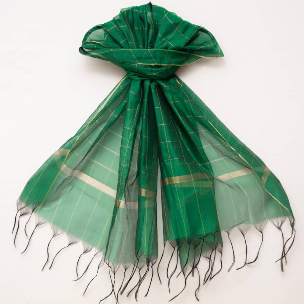 Woven Khaddi Forest Green Golden Checkered Dupatta