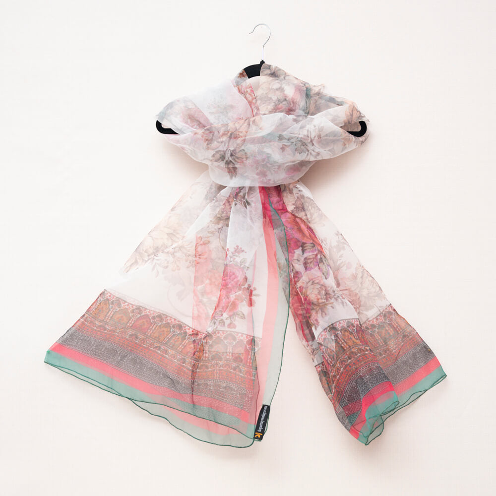 Organza White Multi Rose Printed Dupatta