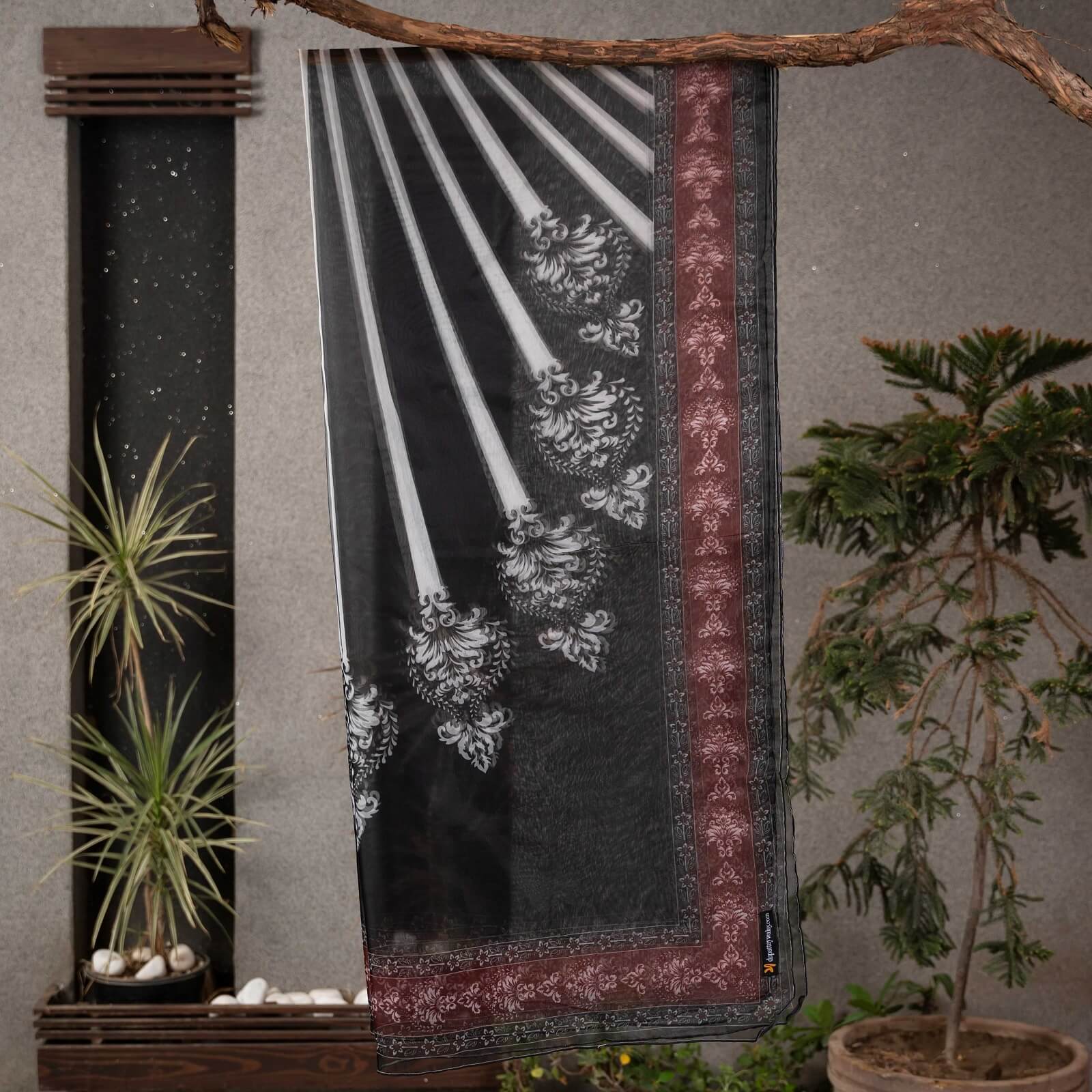 Organza Black and White Damask Printed Dupatta