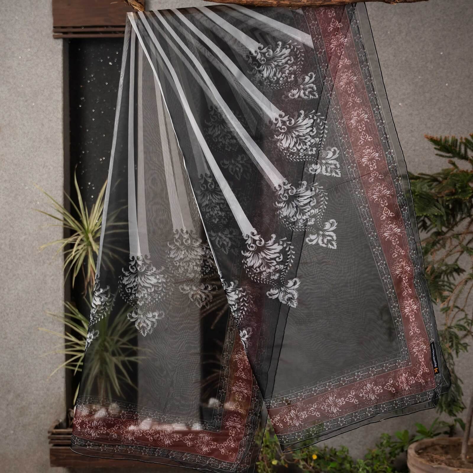 Organza Black and White Damask Printed Dupatta