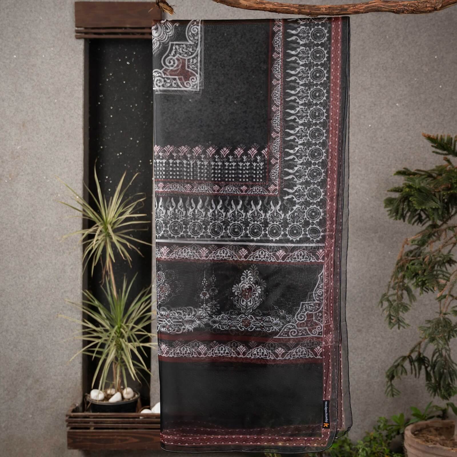 Organza Black and White Abstract Printed Dupatta