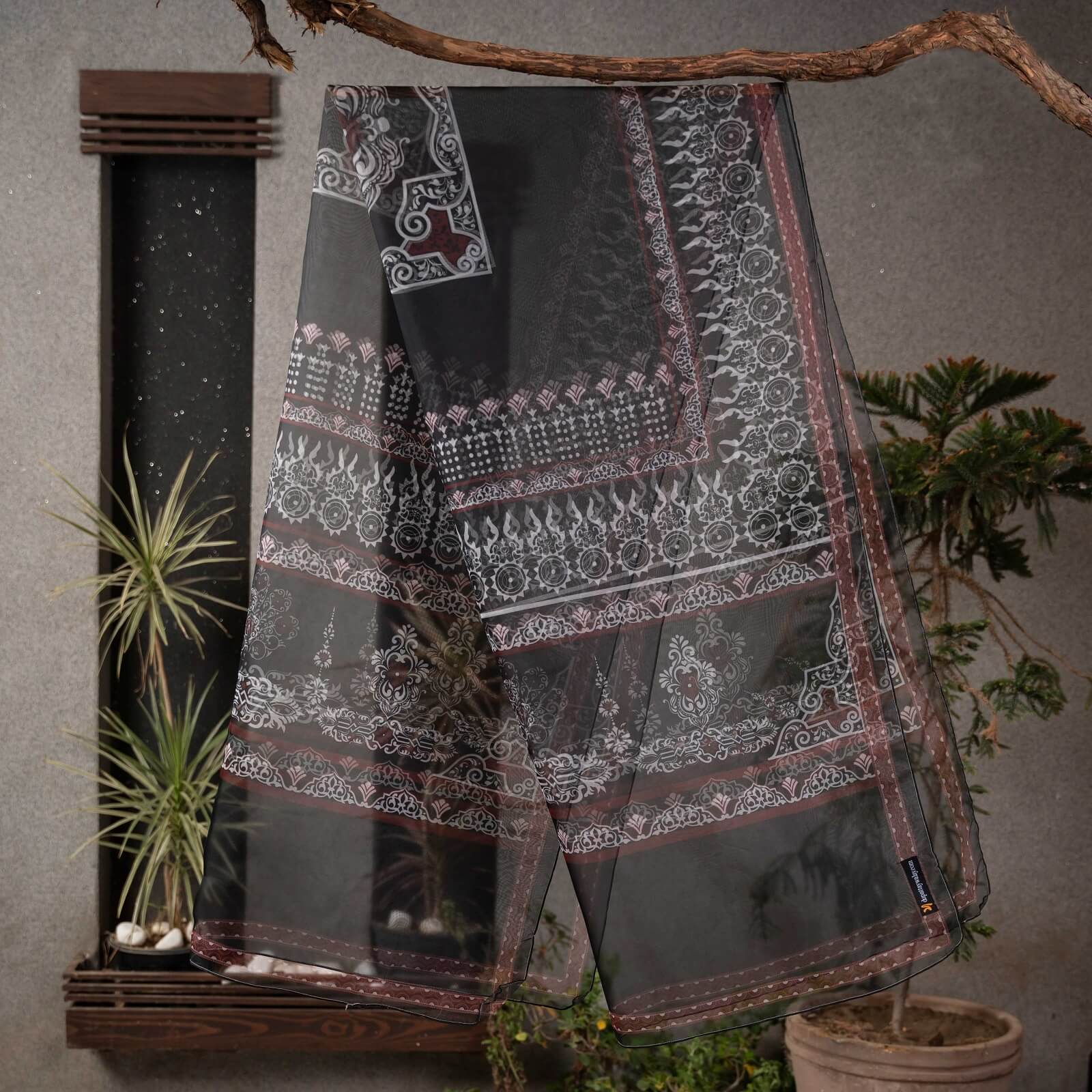 Organza Black and White Abstract Printed Dupatta