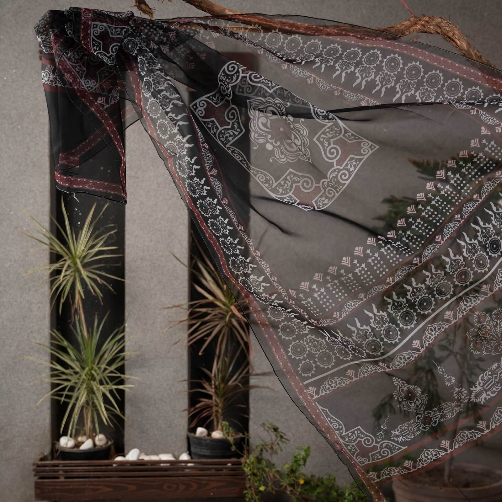 Organza Black and White Abstract Printed Dupatta