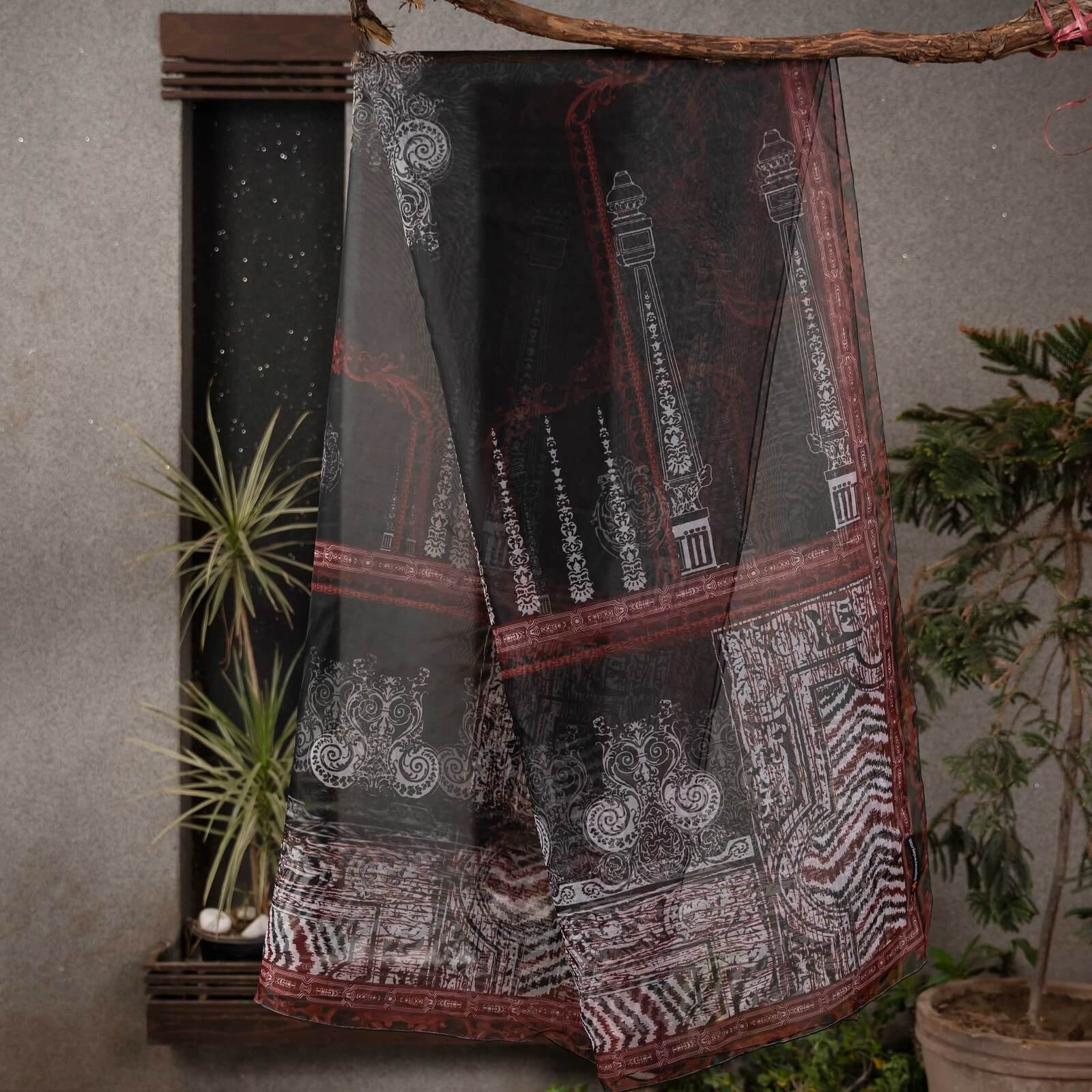Organza Black Abstract Monument Printed Dupatta