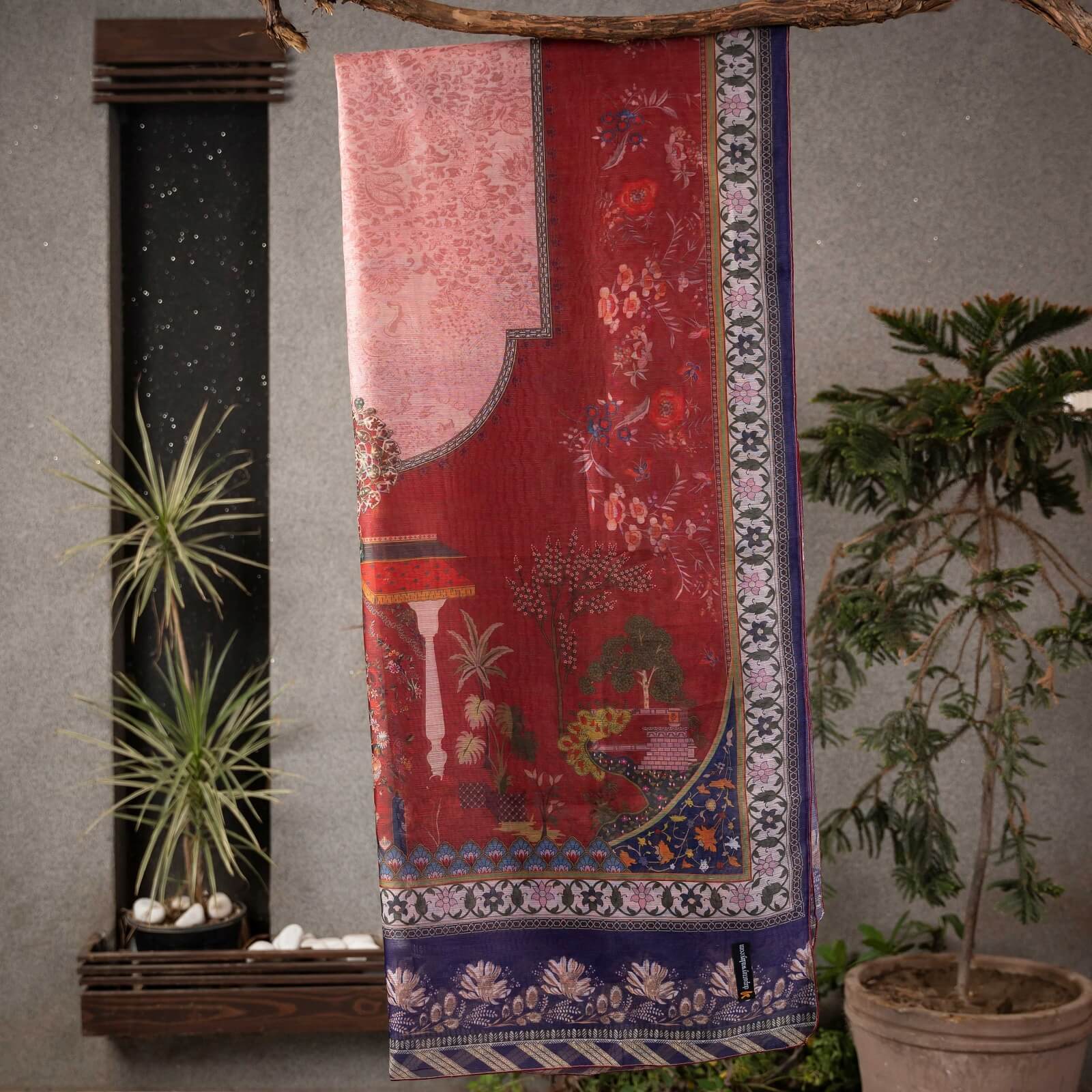 Monark Maroon Floral Monument Printed Dupatta