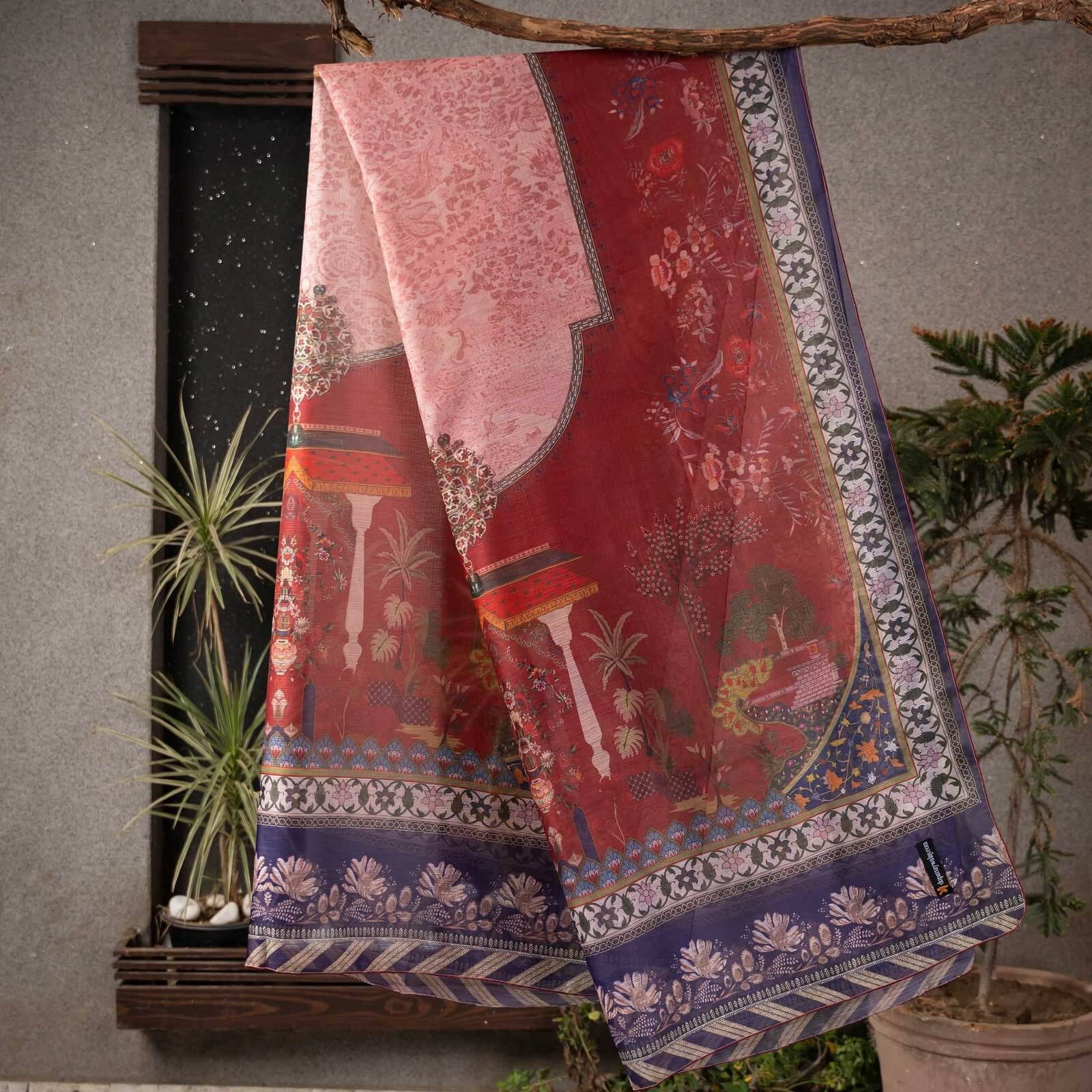 Monark Maroon Floral Monument Printed Dupatta