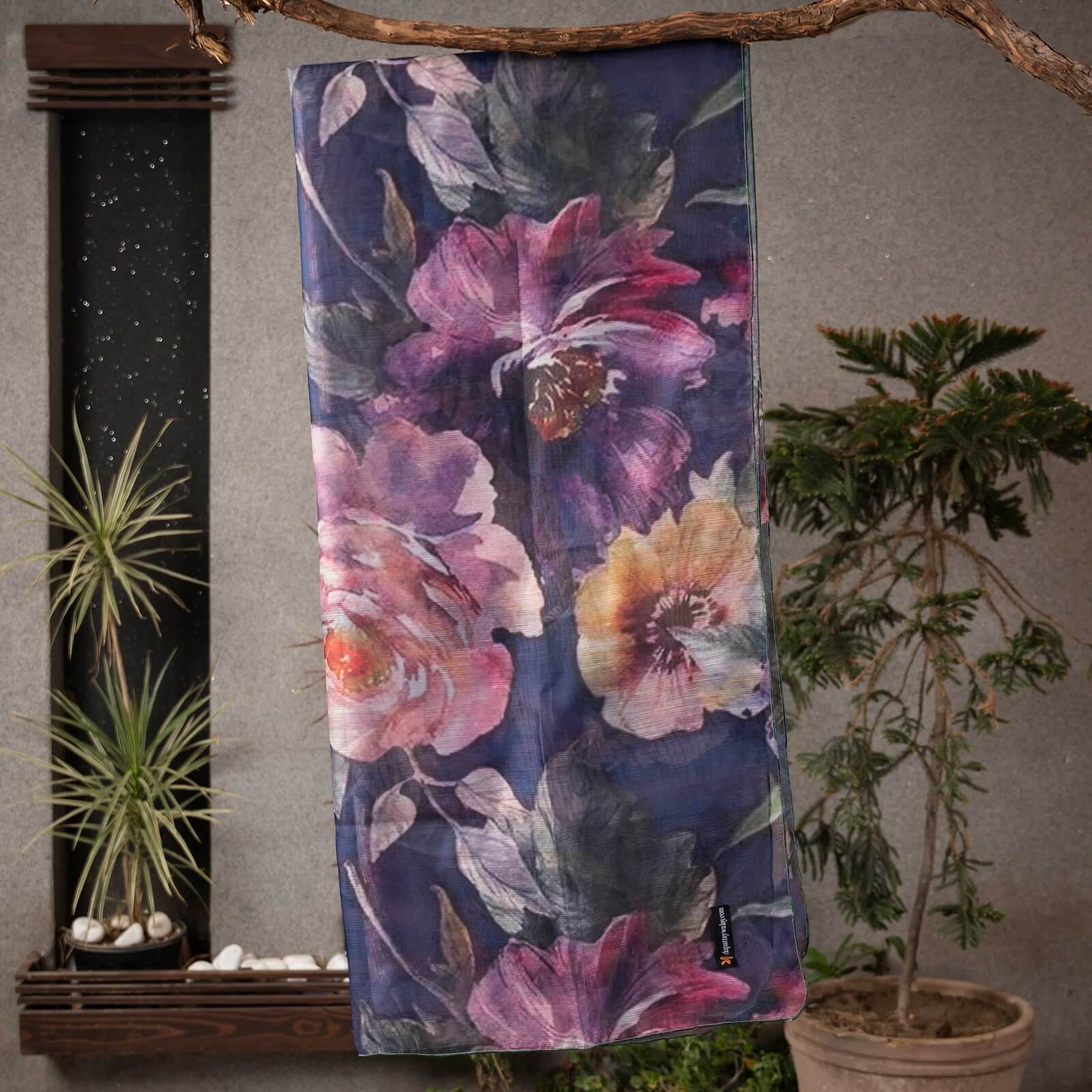 Monark Navy Blue Floral Printed Dupatta