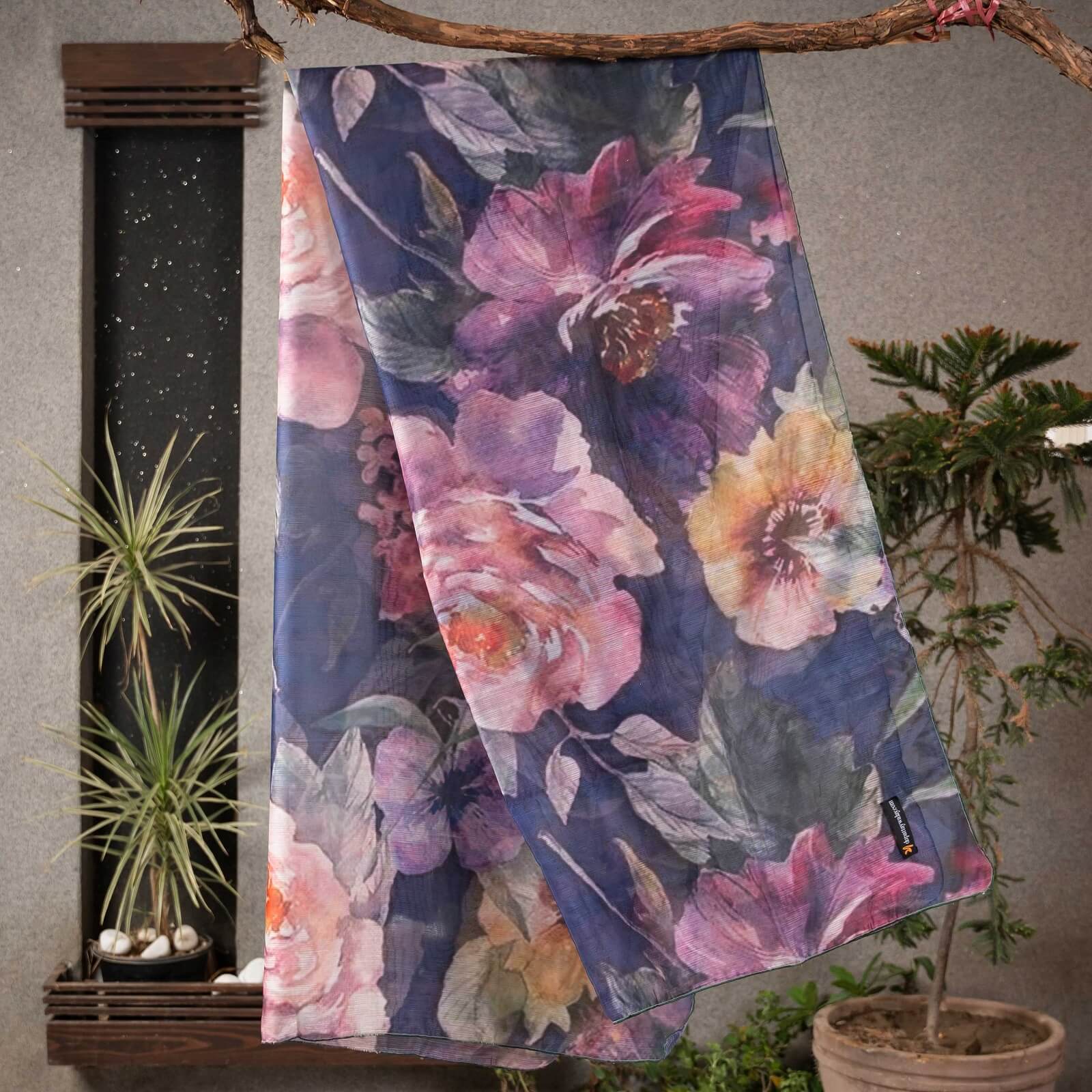 Monark Navy Blue Floral Printed Dupatta