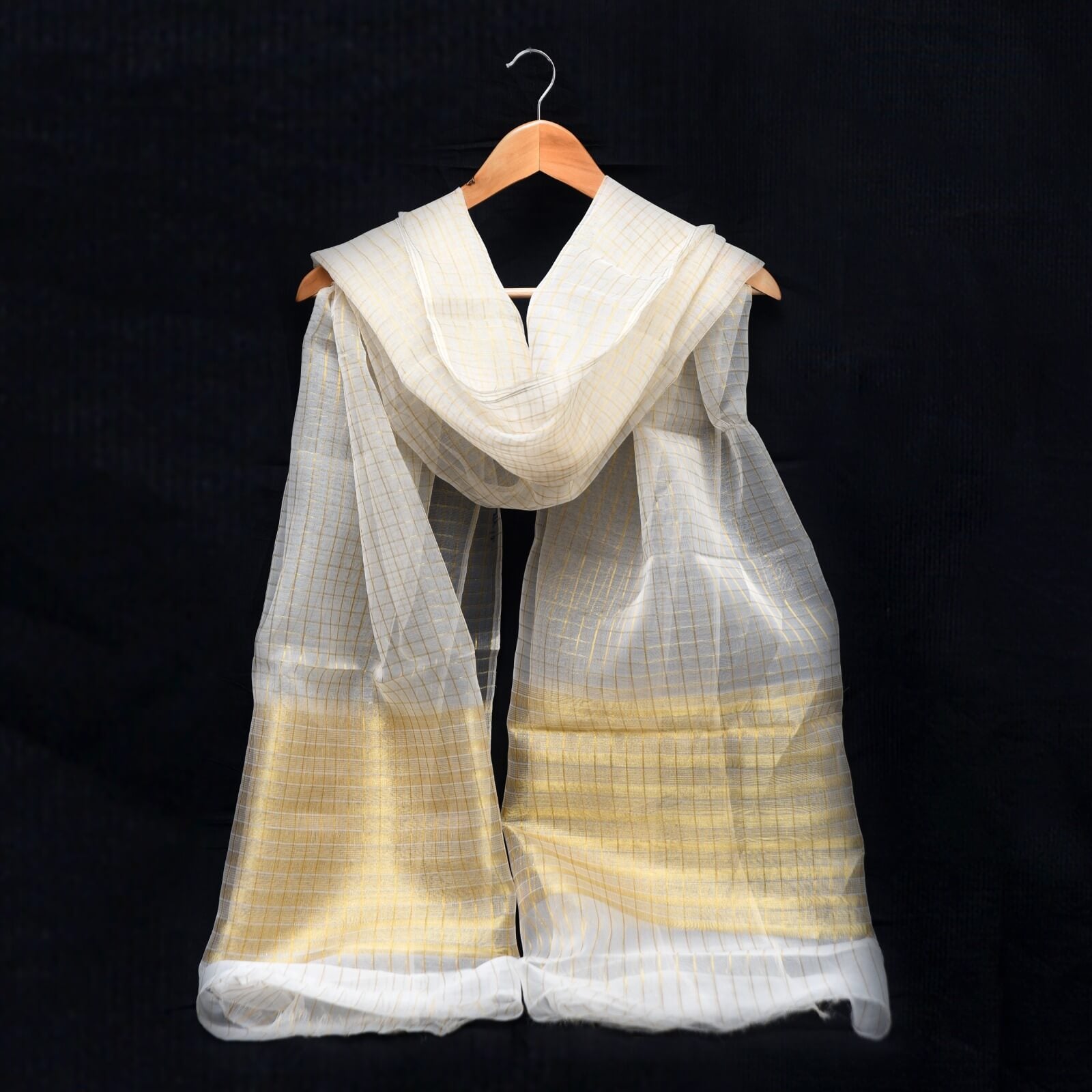 Organza Golden Zari Checkered Two Sided Border Dupatta