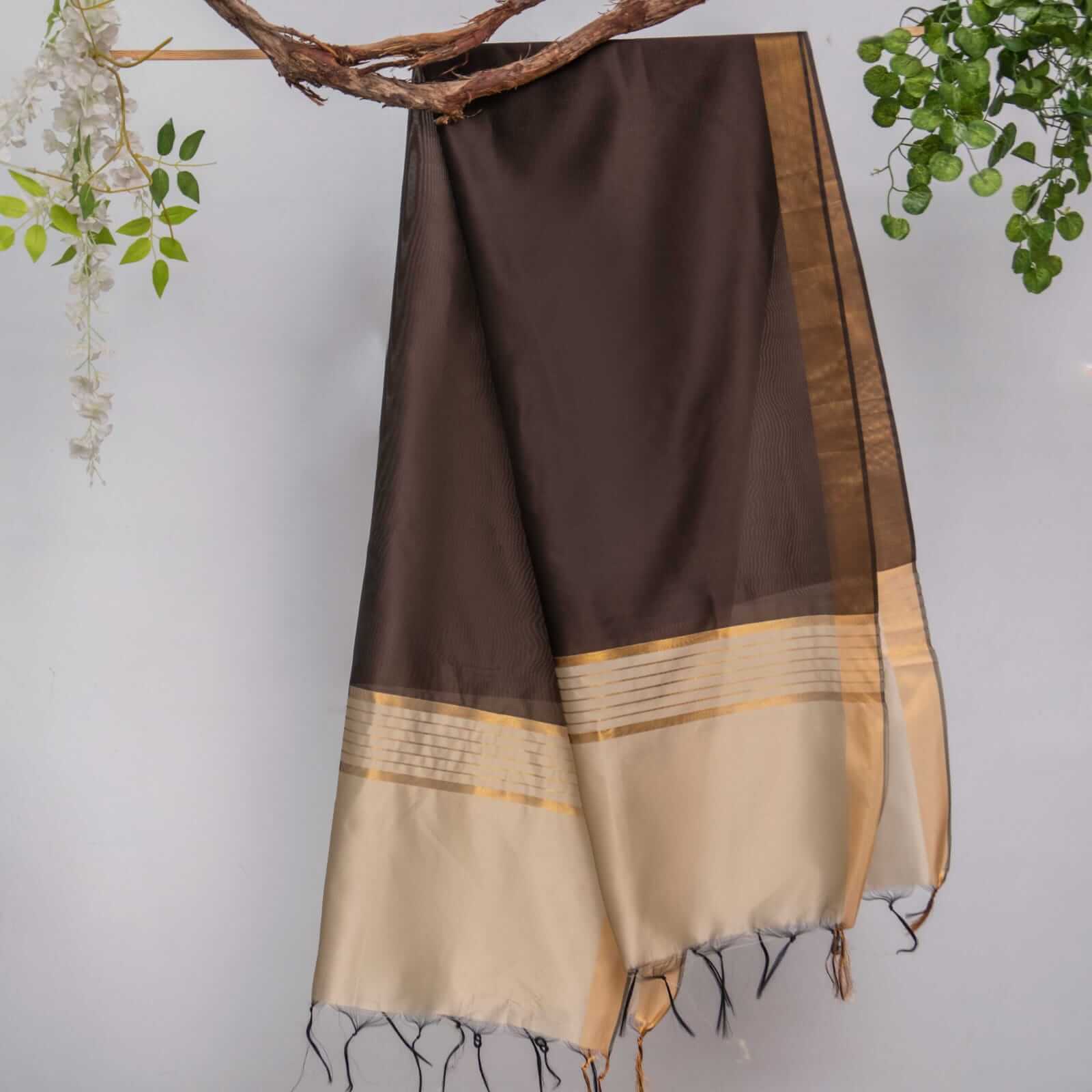Cotton Silk Dark Brown All Sided Border Dupatta