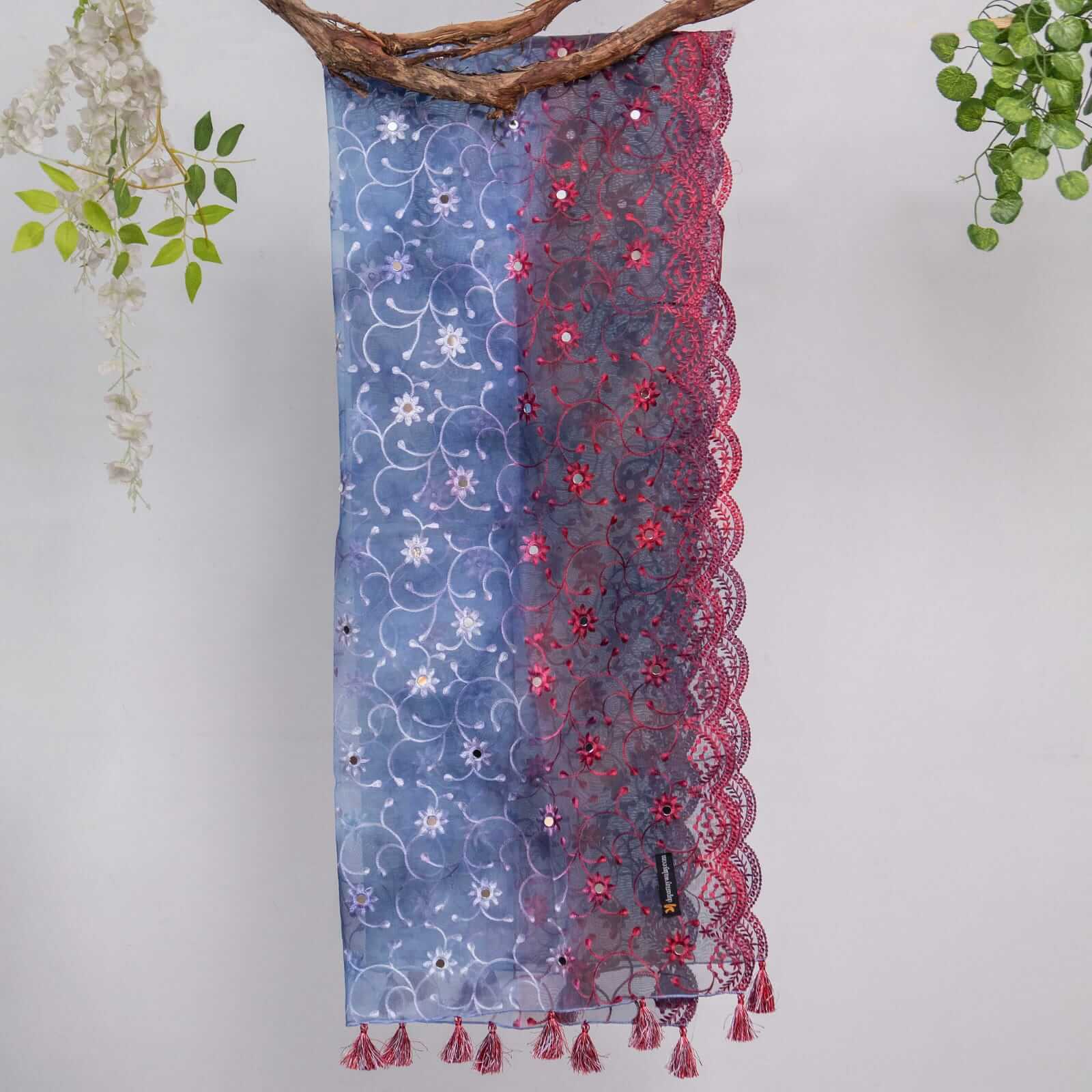 Organza Bluish Gray Tie Dye Embroidered Two Sided Tussle With Mirror Work Dupatta
