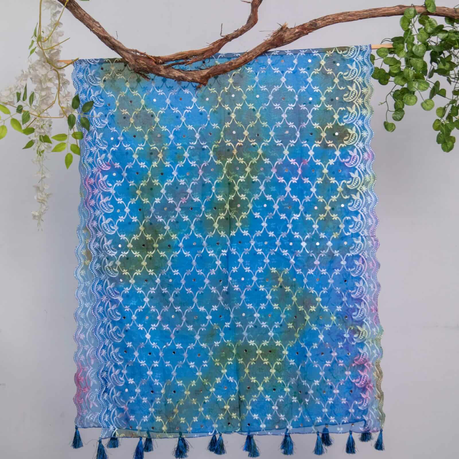 Organza Blue Tie Dye Embroidered Two Sided Tussle With Mirror Work Dupatta