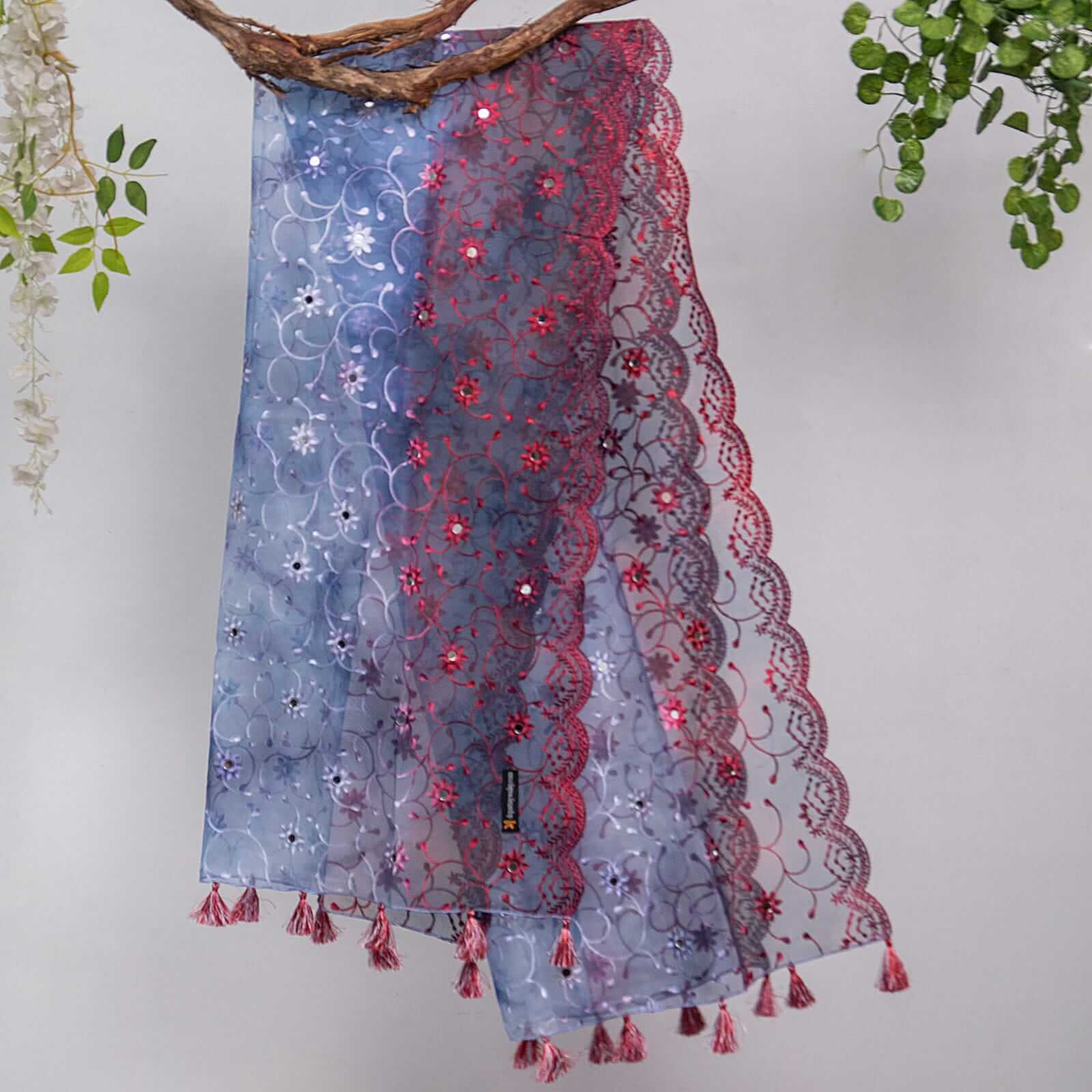 Organza Bluish Gray Tie Dye Embroidered Two Sided Tussle With Mirror Work Dupatta