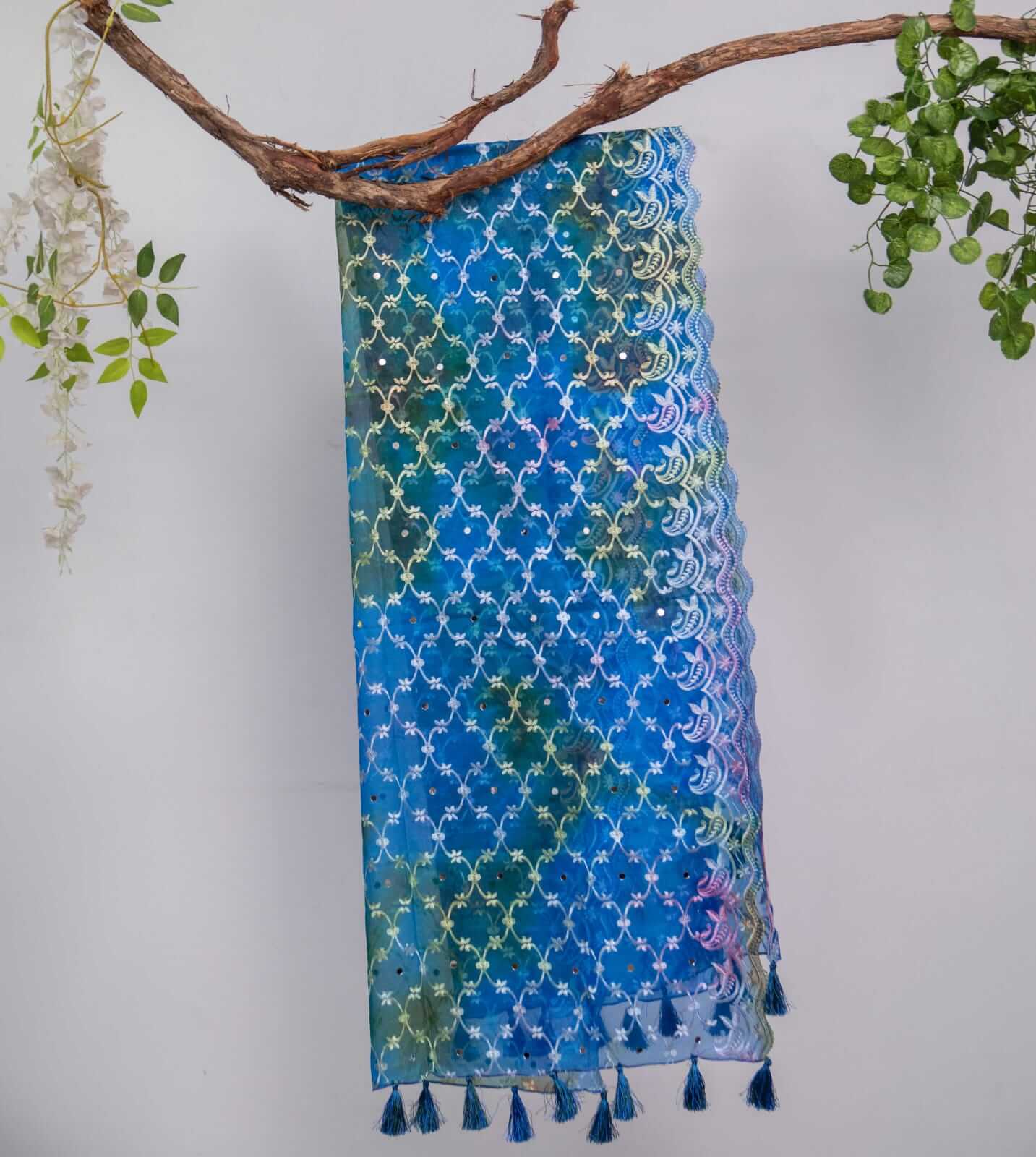 Organza Blue Tie Dye Embroidered Two Sided Tussle With Mirror Work Dupatta