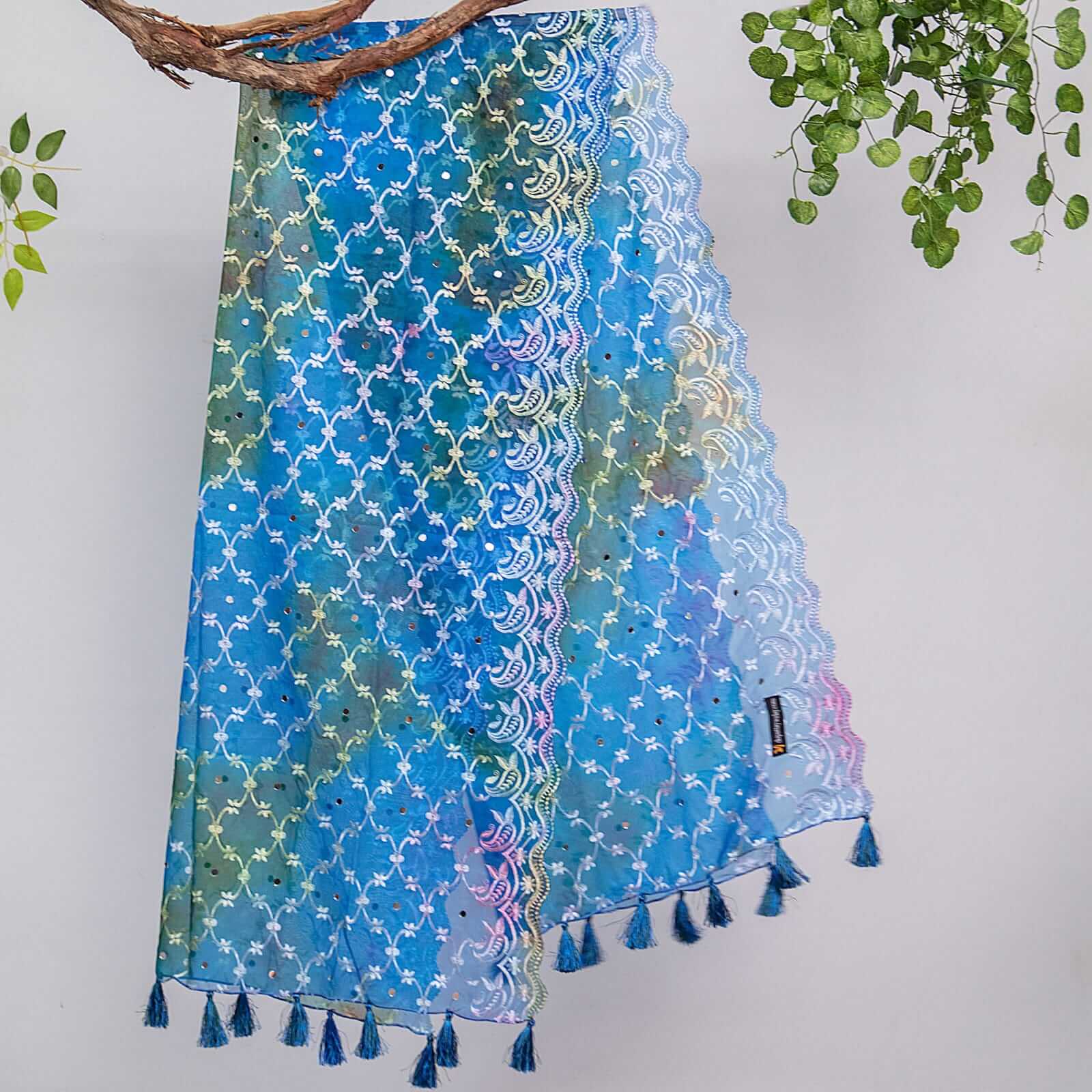 Organza Blue Tie Dye Embroidered Two Sided Tussle With Mirror Work Dupatta