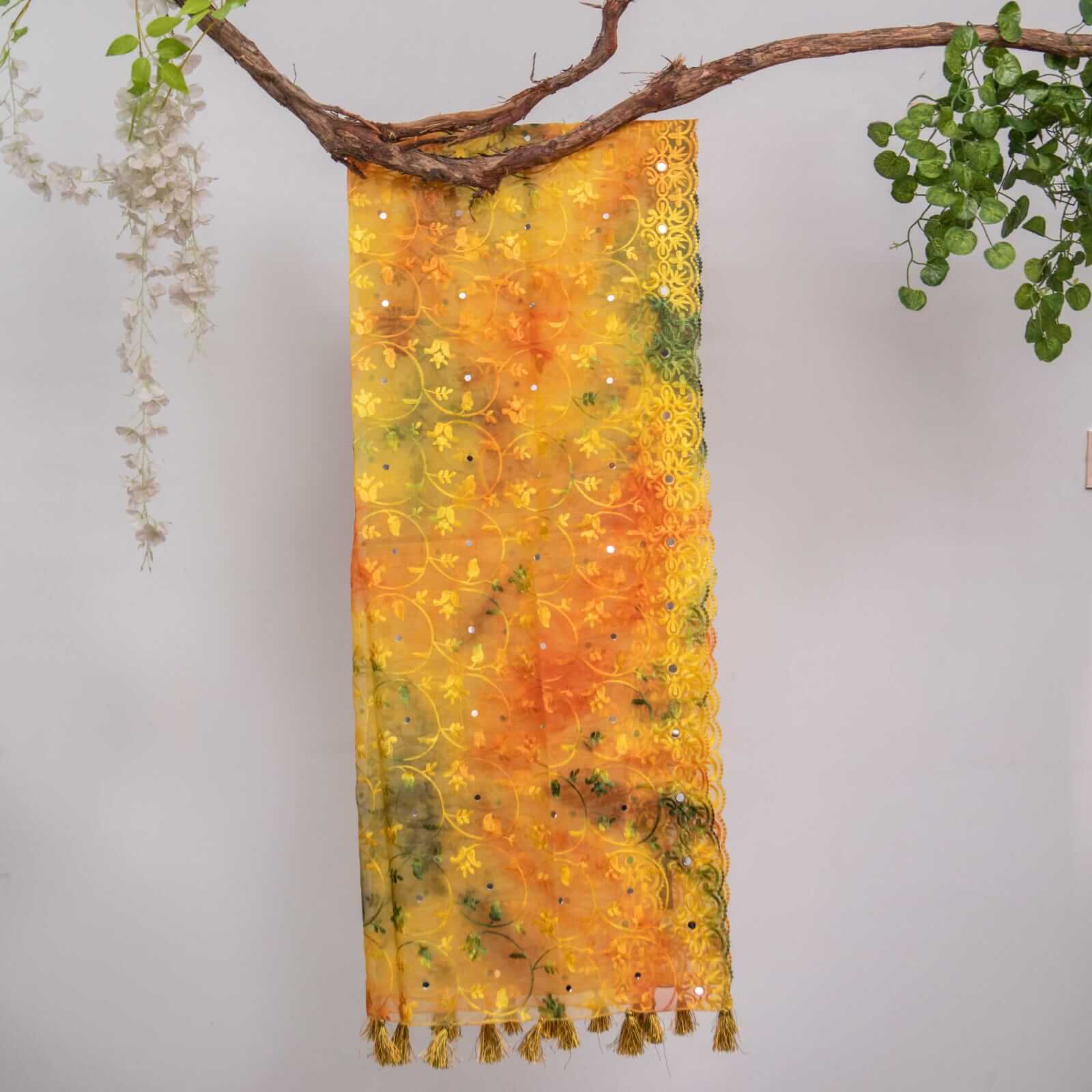 Organza Orange Tie Dye Embroidered All Sided Lace With Mirror Work Dupatta