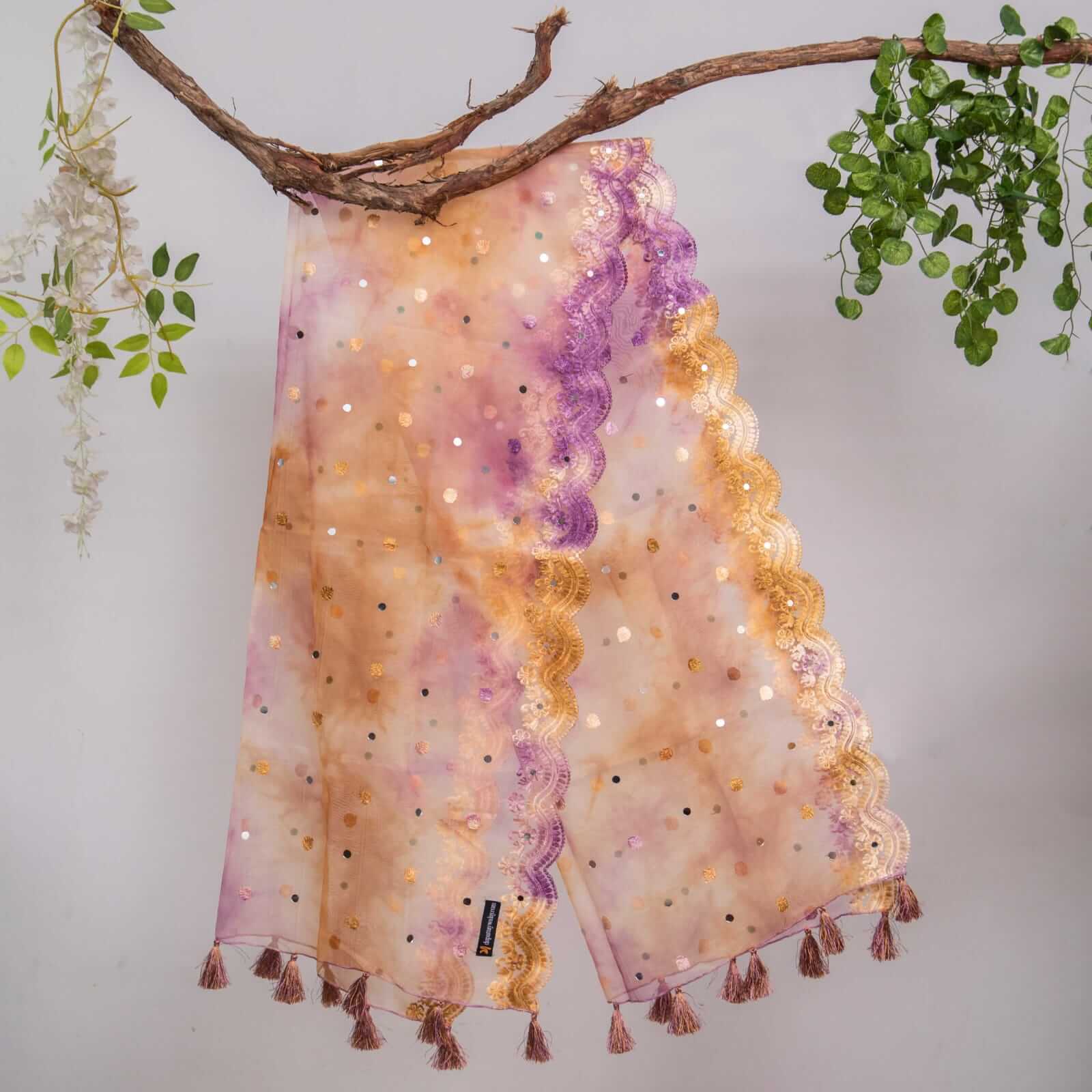 Organza Mustard Purple Tie Dye Embroidered Two Sided Tussle With Mirror Work Dupatta